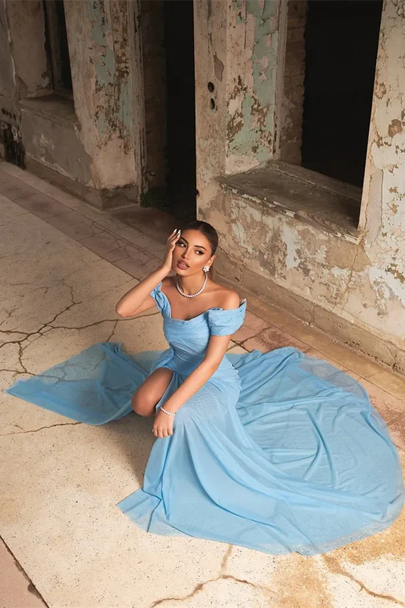 Pretty Sky Blue Off-The-Shoulder Chiffon Prom Dress A-Line High Split With Ruffle Pleats - Image 3