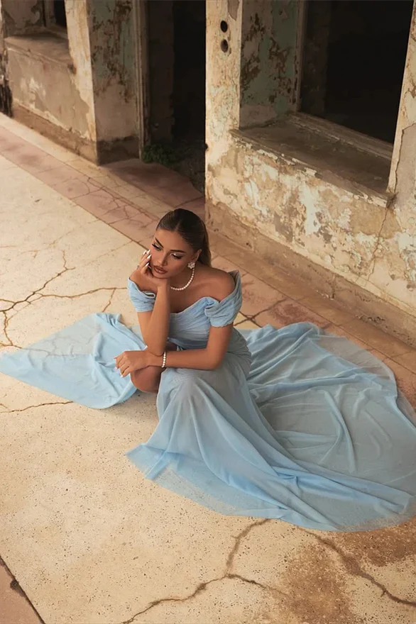 Pretty Sky Blue Off-The-Shoulder Chiffon Prom Dress A-Line High Split With Ruffle Pleats - Image 4