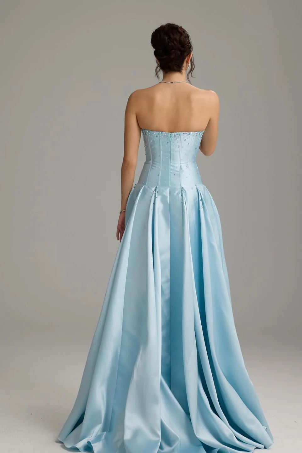 Pretty Sky Blue Strapless Sleeveless Satin Prom Dresses A-Line Beads With Pleats Zipper - Image 2