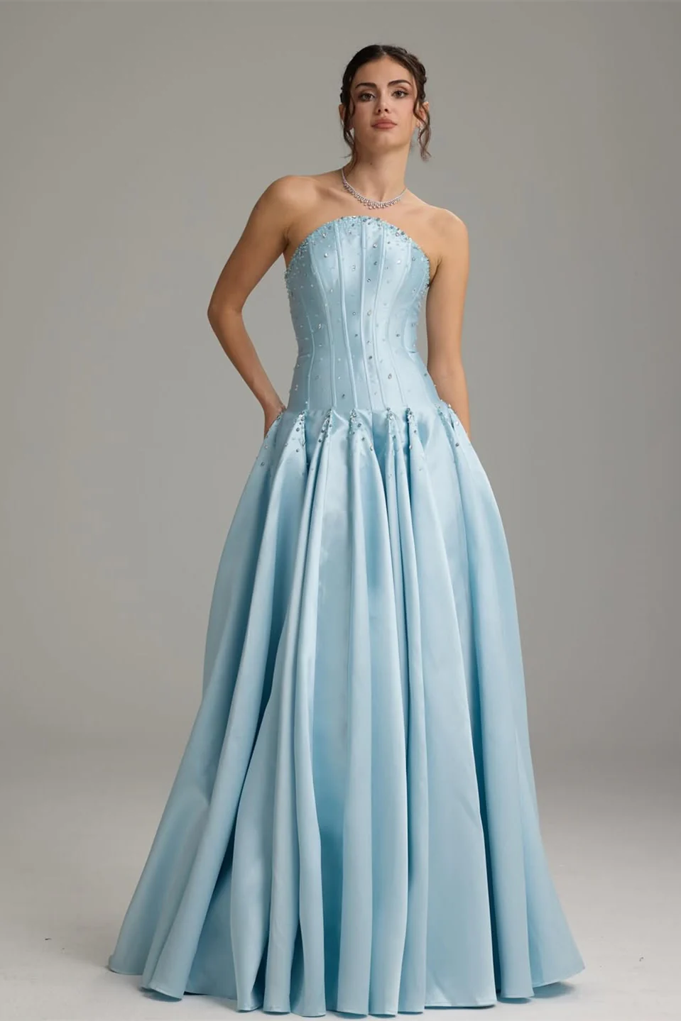 Pretty Sky Blue Strapless Sleeveless Satin Prom Dresses A-Line Beads With Pleats Zipper - Image 3