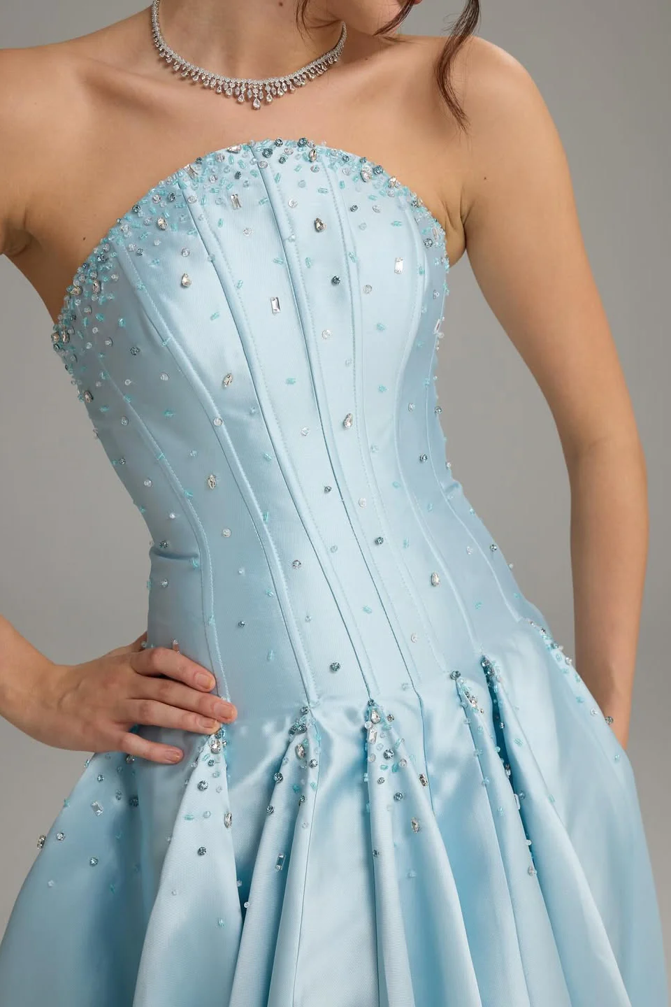 Pretty Sky Blue Strapless Sleeveless Satin Prom Dresses A-Line Beads With Pleats Zipper - Image 5
