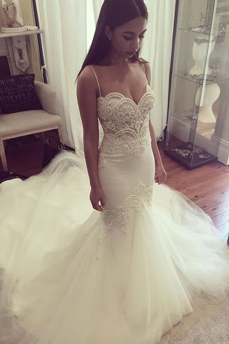 Pretty Spaghetti Straps Sweetheart Wedding Dress Summer Sheath Tulle Bridal Gown - Image 2
