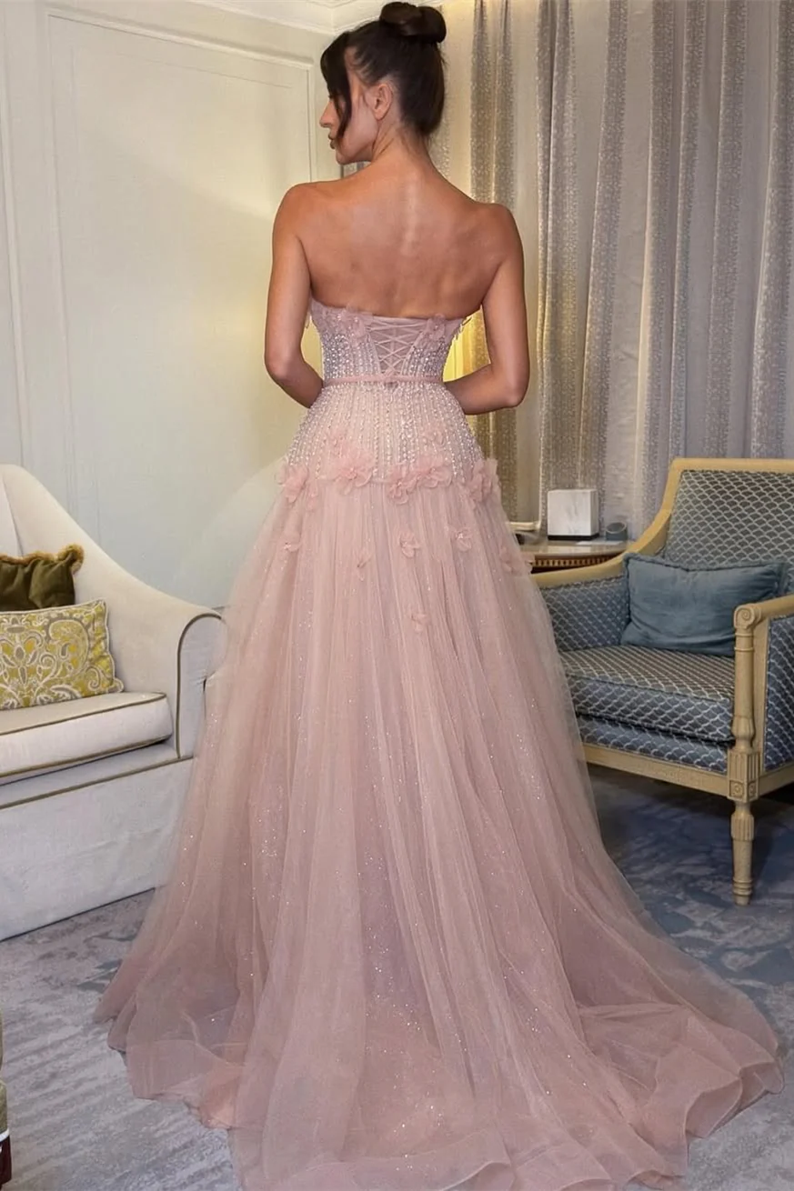 Pretty V-Neck Strapless Sleeveless Tulle Prom Dresses A-Line Beads With Lace-Up Back Flower - Image 2