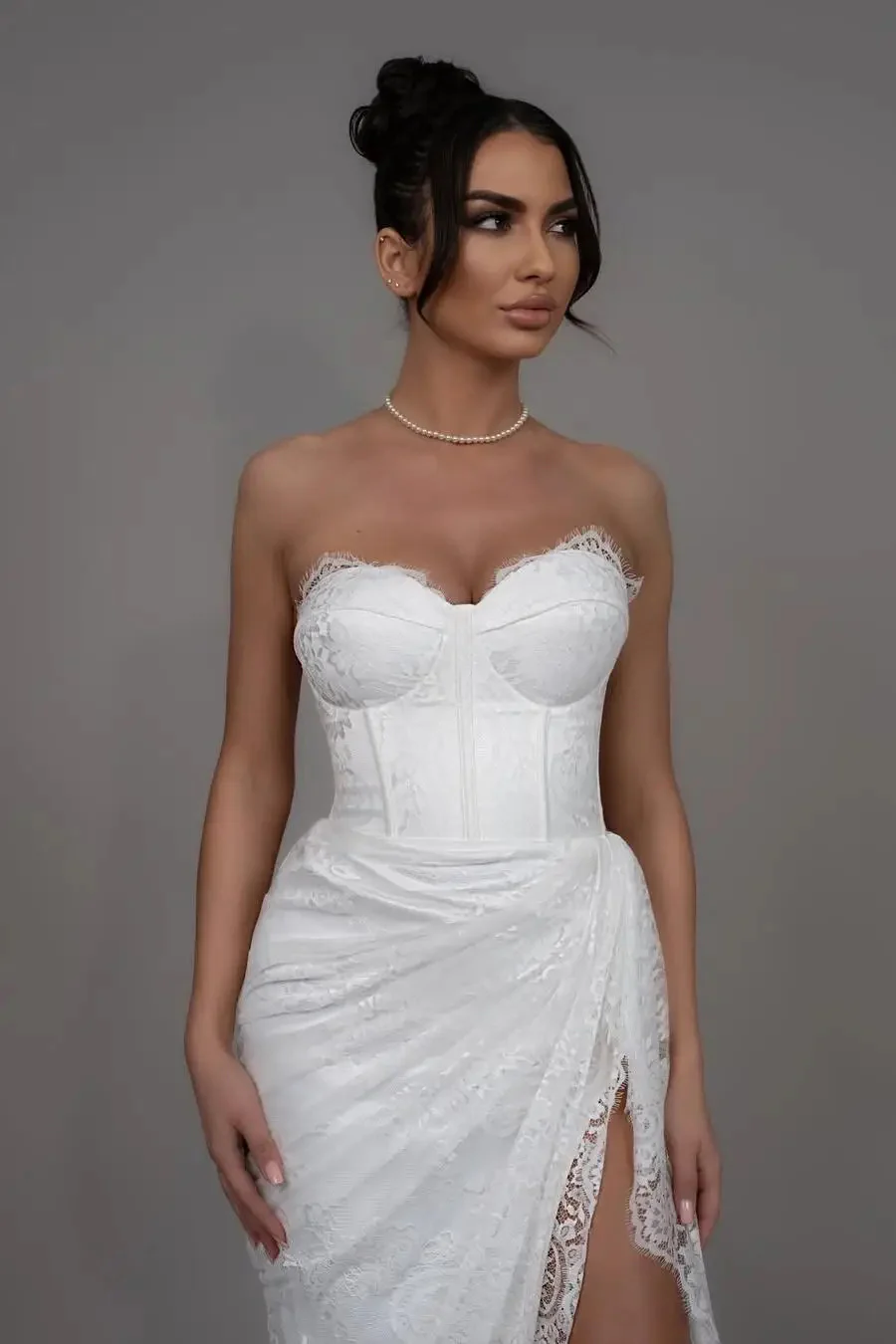 Pretty White Sweetheart Strapless Sleeveless Lace Prom Dresses Mermaid With High Split - Image 2