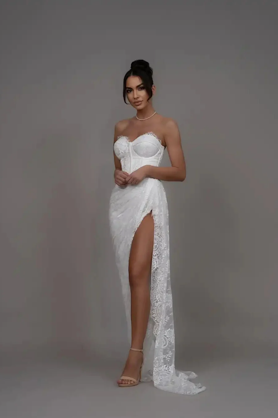 Pretty White Sweetheart Strapless Sleeveless Lace Prom Dresses Mermaid With High Split - Image 4