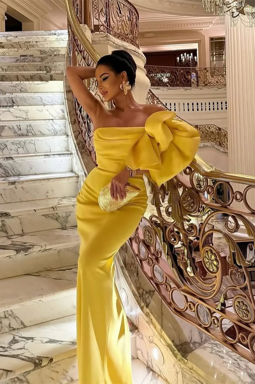Pretty Yellow Strapless Mermaid Satin Prom Dress Sleeveless Long On Sale - Image 2