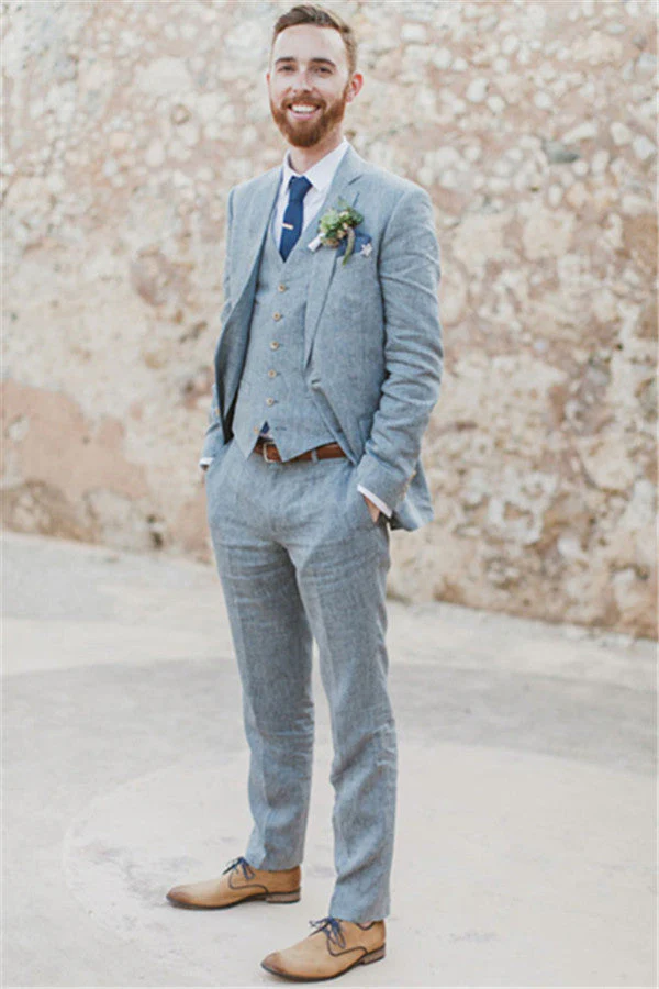 Pricey Summer Blue Linen Beach Wedding Suits Bespoke Men Casual Male Beach Groom Tuxedo - Image 2