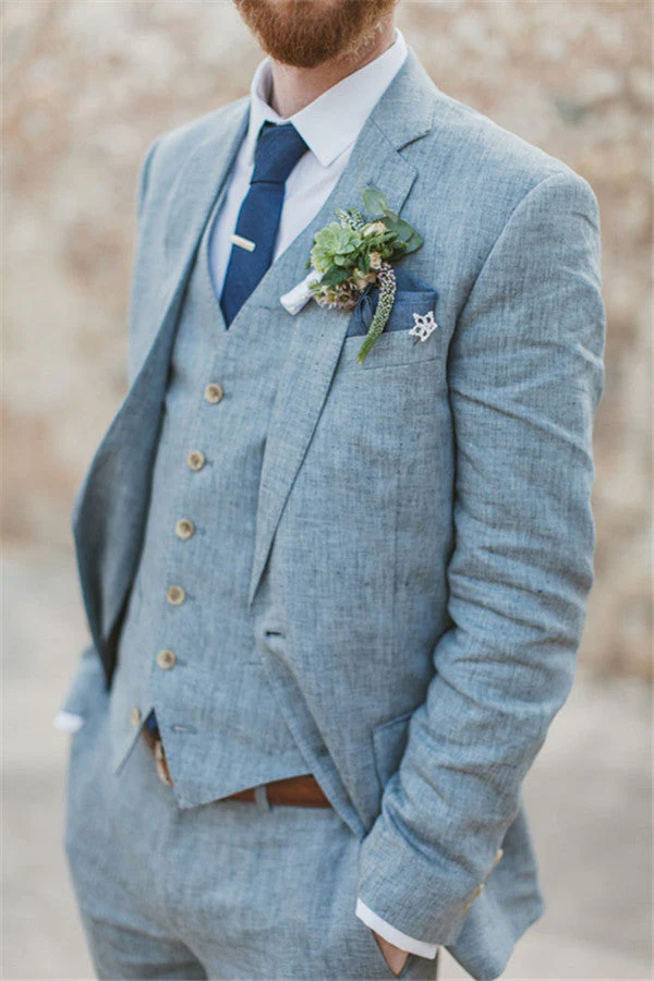 Pricey Summer Blue Linen Beach Wedding Suits Bespoke Men Casual Male Beach Groom Tuxedo - Image 3