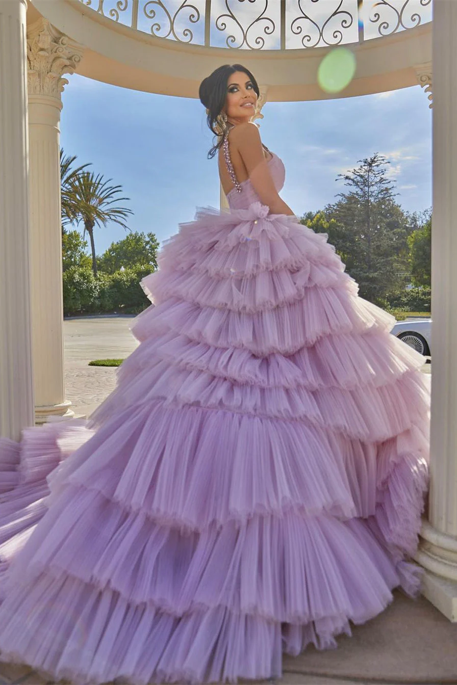 Beautiful A-line Lilac Straps Ruffles Sleeveless Prom Dress - Image 2