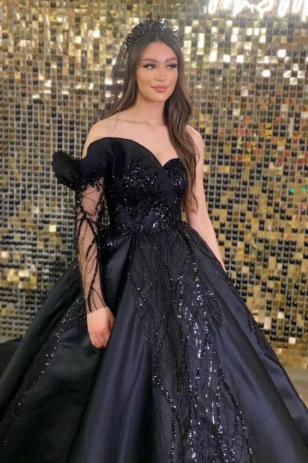 Ballbella Modern Black Wedding Gowns With Beads With Long Sleeve - Image 2