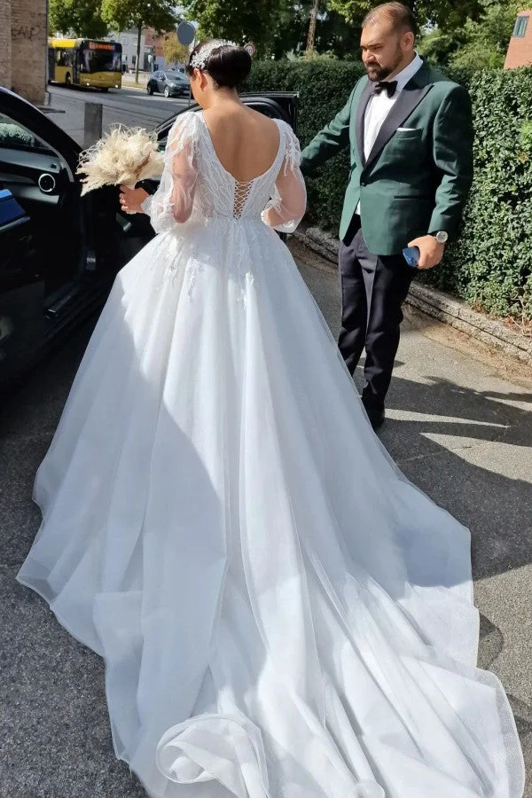 Princess Long V-Neck Long Lace Wedding Dresses Online With Long Sleevess - Image 2