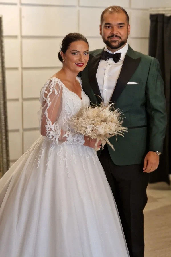 Princess Long V-Neck Long Lace Wedding Dresses Online With Long Sleevess - Image 3