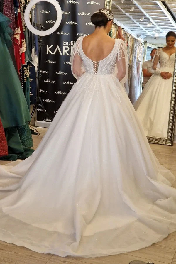 Princess Long V-Neck Long Lace Wedding Dresses Online With Long Sleevess - Image 4