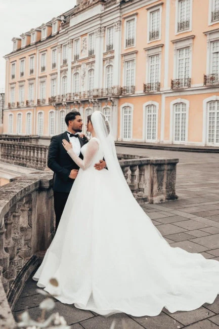 Pretty Long White A-line Wedding Dresses With Long Sleeves - Image 2