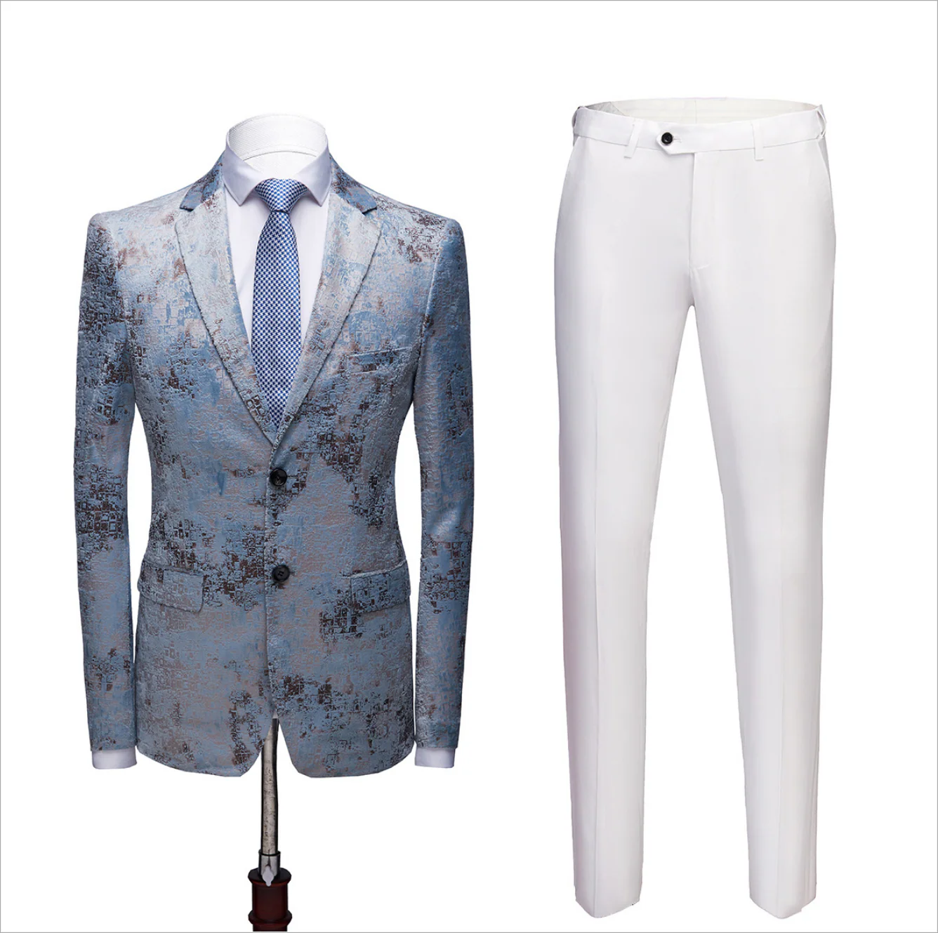 Printing Men Marriage Suits Blue Wedding Tuxedos with White Pants - Image 2