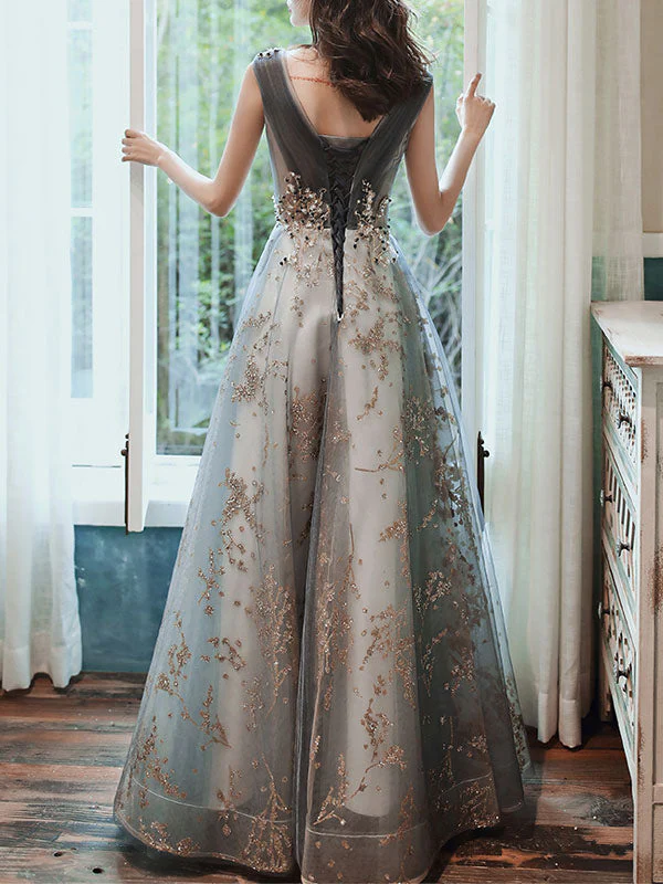Classic evening dress A Line Sleeveless Floor Length Jewel Neck Lace Appliqued Formal Occasion Dresses - Image 3