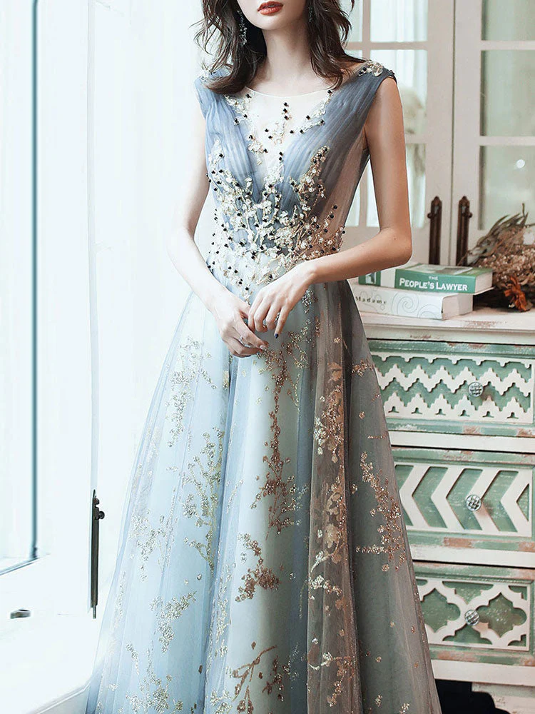 Classic evening dress A Line Sleeveless Floor Length Jewel Neck Lace Appliqued Formal Occasion Dresses - Image 4