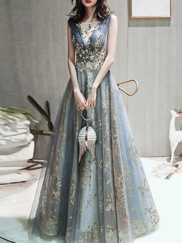 Classic evening dress A Line Sleeveless Floor Length Jewel Neck Lace Appliqued Formal Occasion Dresses - Image 5
