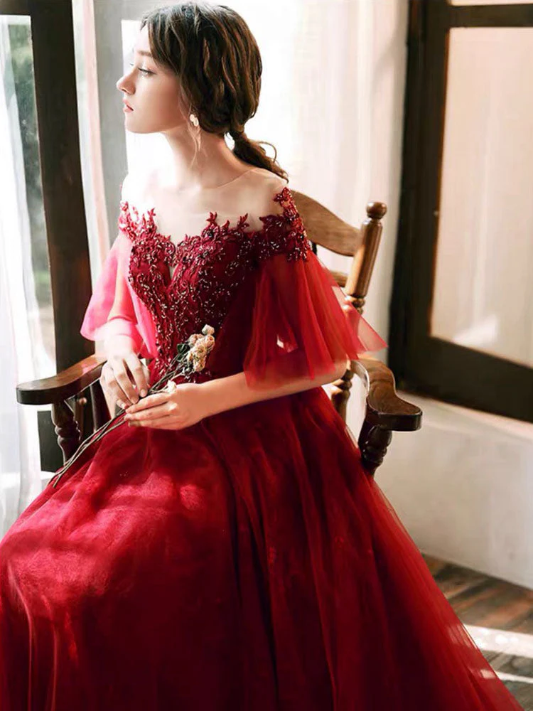 Stunning evening dress Illusion Neckline A Line Half Sleeves Lace Floor Length Tulle Party Dresses - Image 2