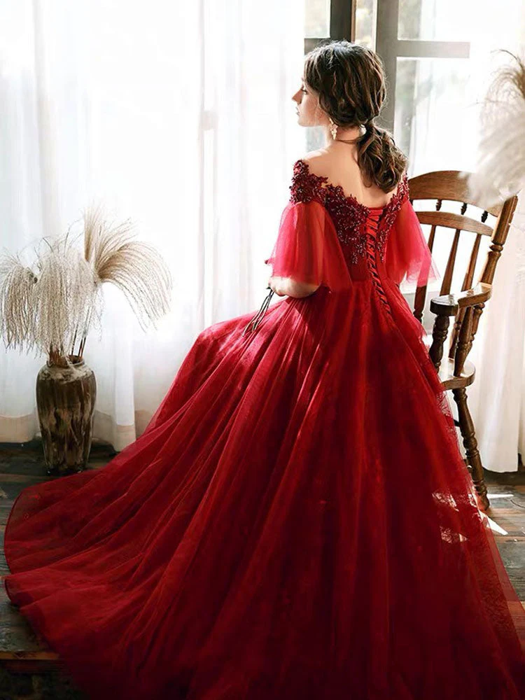 Stunning evening dress Illusion Neckline A Line Half Sleeves Lace Floor Length Tulle Party Dresses - Image 3