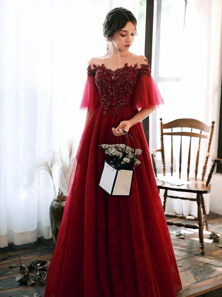 Stunning evening dress Illusion Neckline A Line Half Sleeves Lace Floor Length Tulle Party Dresses - Image 4