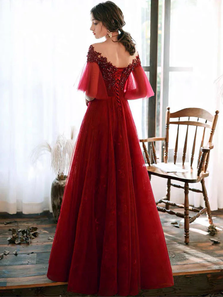 Stunning evening dress Illusion Neckline A Line Half Sleeves Lace Floor Length Tulle Party Dresses - Image 5