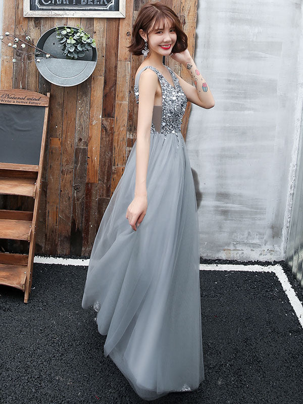 Stunning evening dress V Neck A Line Sleeveless Floor Length Wedding Guest Dresses - Image 2
