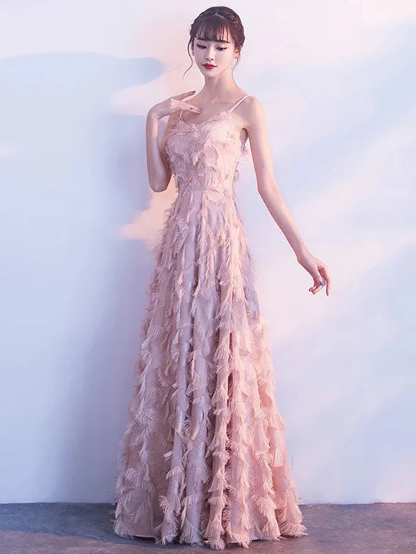 Modern Evening Dresses Blush Pink Long Halter Feathers Sleeveless Floor Length Graduation Dress wedding guest dress - Image 3