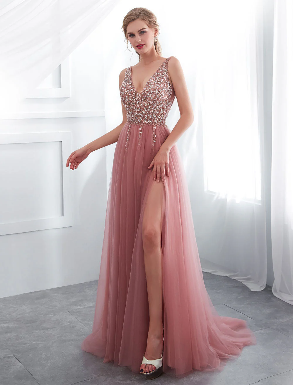 Modern Evening Dresses Cameo Pinkv Neck Beading A Line Formal Evening Dress With Train - Image 2