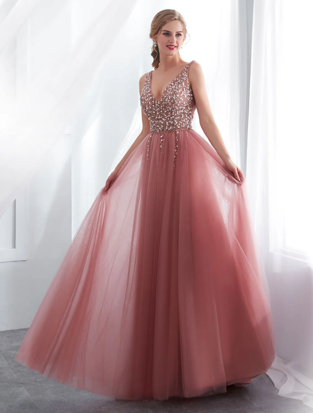 Modern Evening Dresses Cameo Pinkv Neck Beading A Line Formal Evening Dress With Train - Image 3