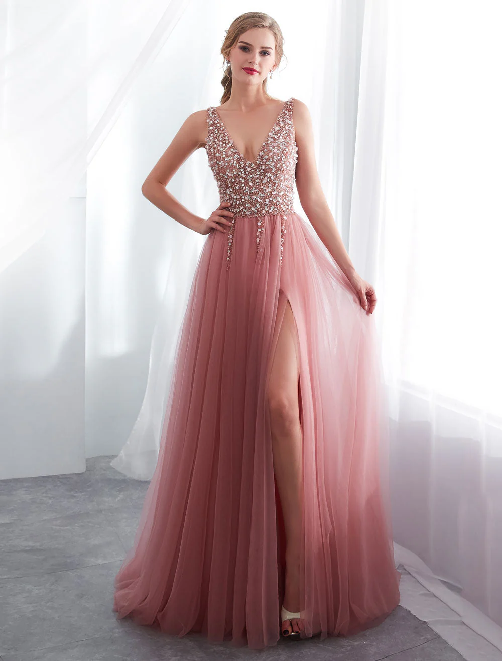 Modern Evening Dresses Cameo Pinkv Neck Beading A Line Formal Evening Dress With Train - Image 4