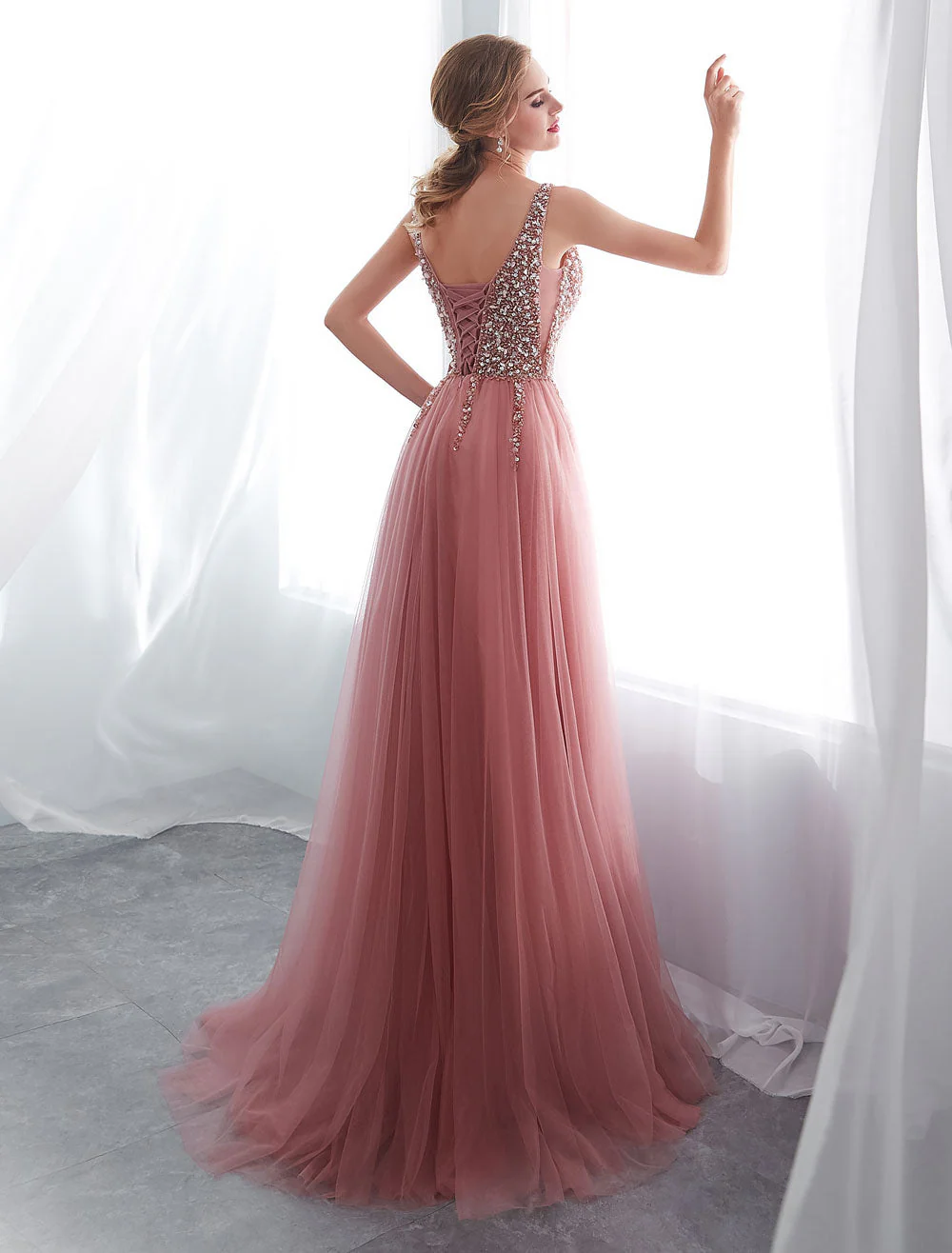 Modern Evening Dresses Cameo Pinkv Neck Beading A Line Formal Evening Dress With Train - Image 5