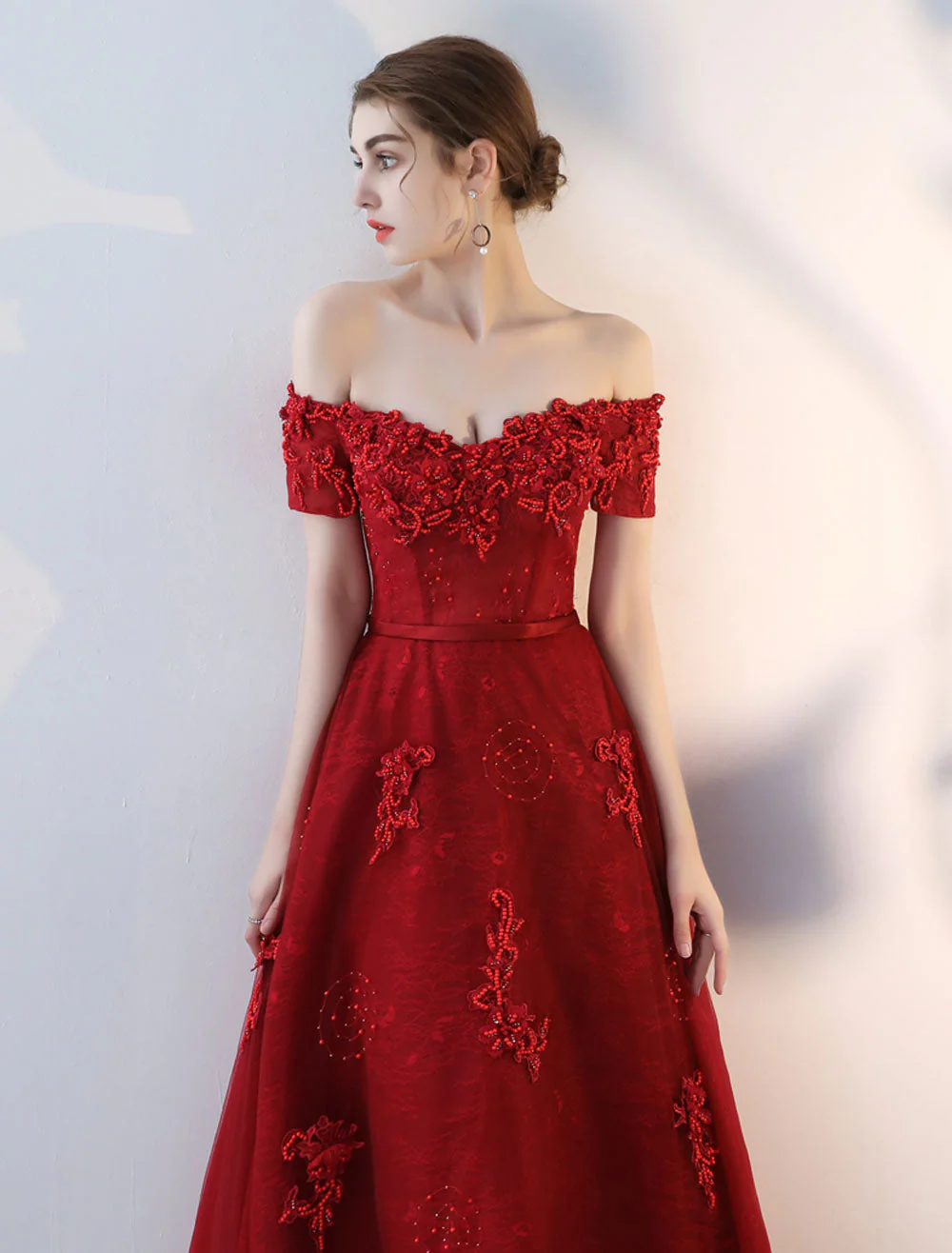 Modern Evening Dresses Long Burgundy Off The Shoulder evening dress Lace Applique Heavy Beading Sash Floor Length Formal Evening Dress - Image 10