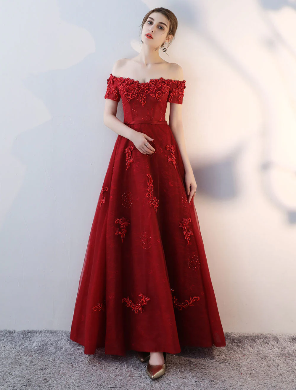 Modern Evening Dresses Long Burgundy Off The Shoulder evening dress Lace Applique Heavy Beading Sash Floor Length Formal Evening Dress - Image 2
