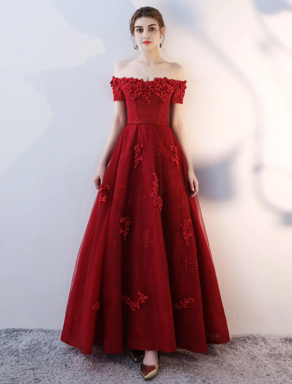 Modern Evening Dresses Long Burgundy Off The Shoulder evening dress Lace Applique Heavy Beading Sash Floor Length Formal Evening Dress - Image 3