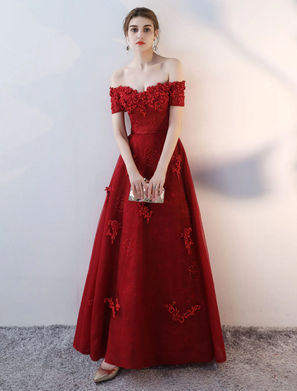 Modern Evening Dresses Long Burgundy Off The Shoulder evening dress Lace Applique Heavy Beading Sash Floor Length Formal Evening Dress - Image 4