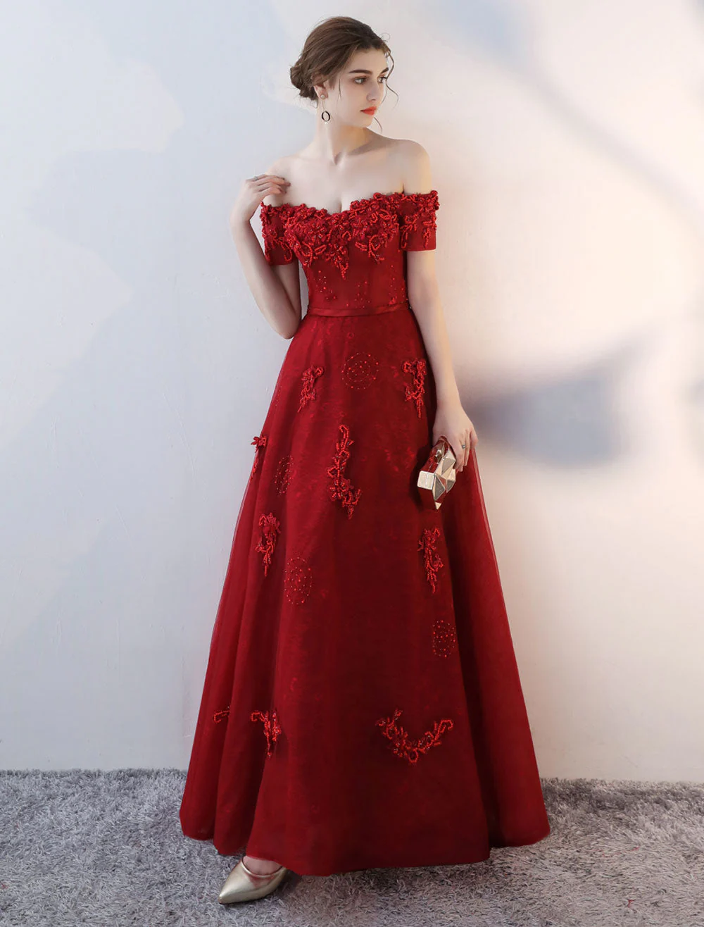 Modern Evening Dresses Long Burgundy Off The Shoulder evening dress Lace Applique Heavy Beading Sash Floor Length Formal Evening Dress - Image 5