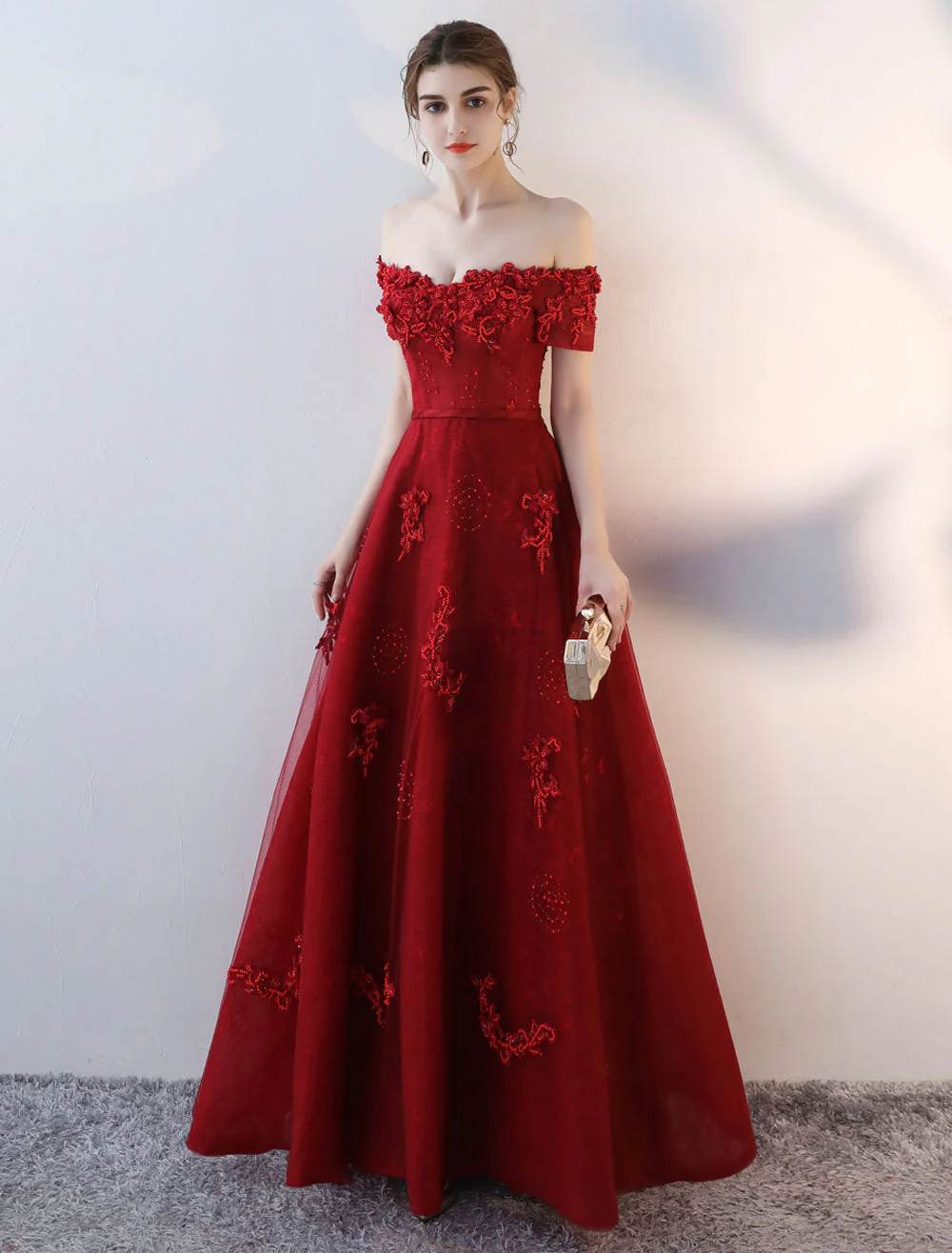 Modern Evening Dresses Long Burgundy Off The Shoulder evening dress Lace Applique Heavy Beading Sash Floor Length Formal Evening Dress - Image 6