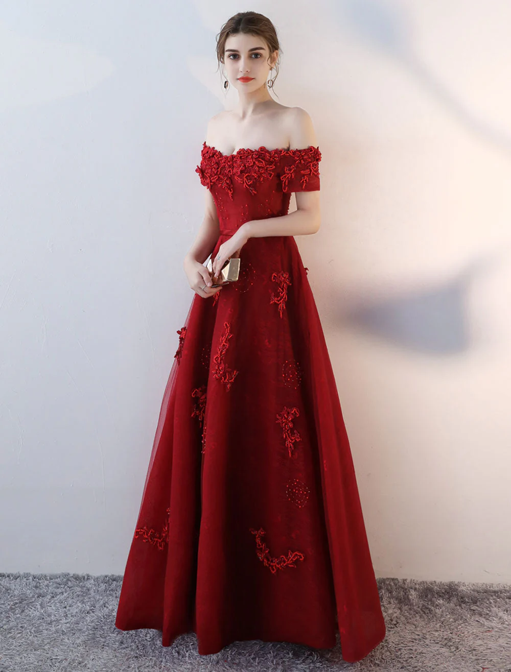 Modern Evening Dresses Long Burgundy Off The Shoulder evening dress Lace Applique Heavy Beading Sash Floor Length Formal Evening Dress - Image 7