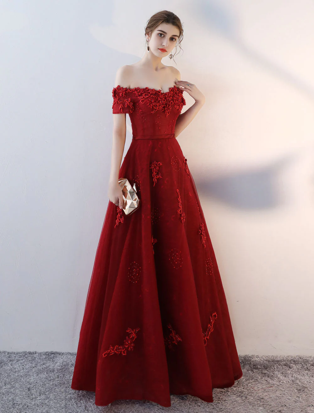Modern Evening Dresses Long Burgundy Off The Shoulder evening dress Lace Applique Heavy Beading Sash Floor Length Formal Evening Dress - Image 8