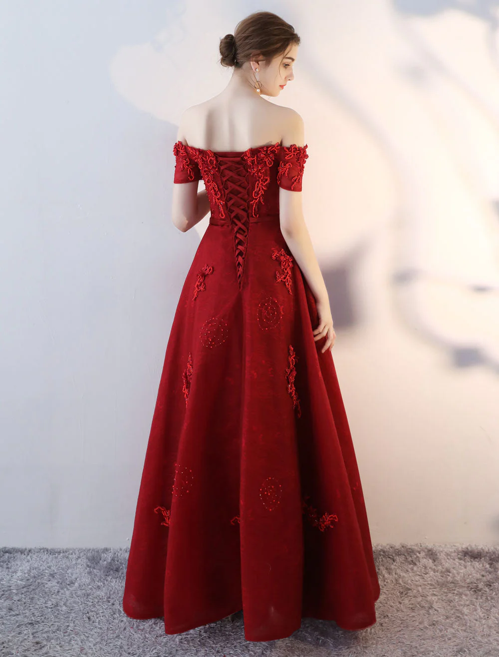 Modern Evening Dresses Long Burgundy Off The Shoulder evening dress Lace Applique Heavy Beading Sash Floor Length Formal Evening Dress - Image 9