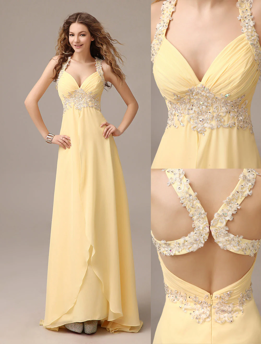 Stunning Evening Dresses Long Chiffon Daffodil Applique Beaded Evening Gown Back Design Sleeveless Formal Party Dresses With Train - Image 11