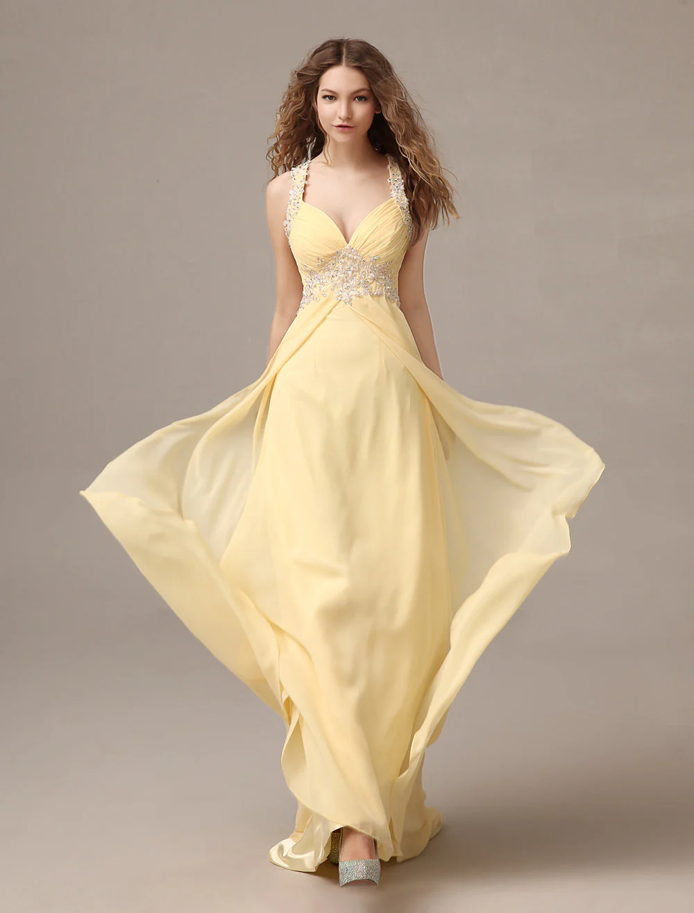 Stunning Evening Dresses Long Chiffon Daffodil Applique Beaded Evening Gown Back Design Sleeveless Formal Party Dresses With Train - Image 2
