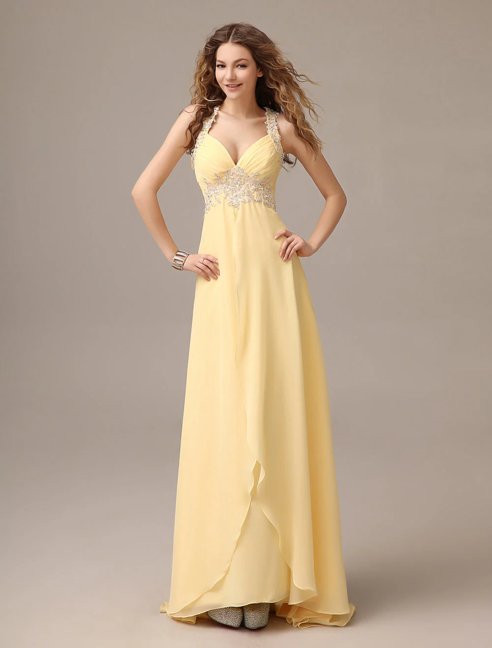 Stunning Evening Dresses Long Chiffon Daffodil Applique Beaded Evening Gown Back Design Sleeveless Formal Party Dresses With Train - Image 3