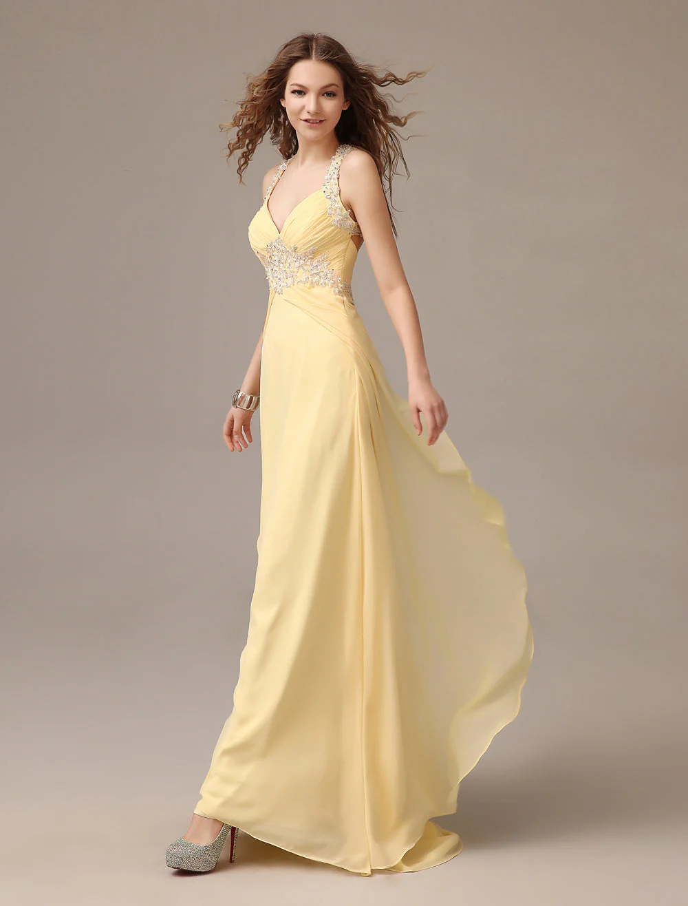 Stunning Evening Dresses Long Chiffon Daffodil Applique Beaded Evening Gown Back Design Sleeveless Formal Party Dresses With Train - Image 4