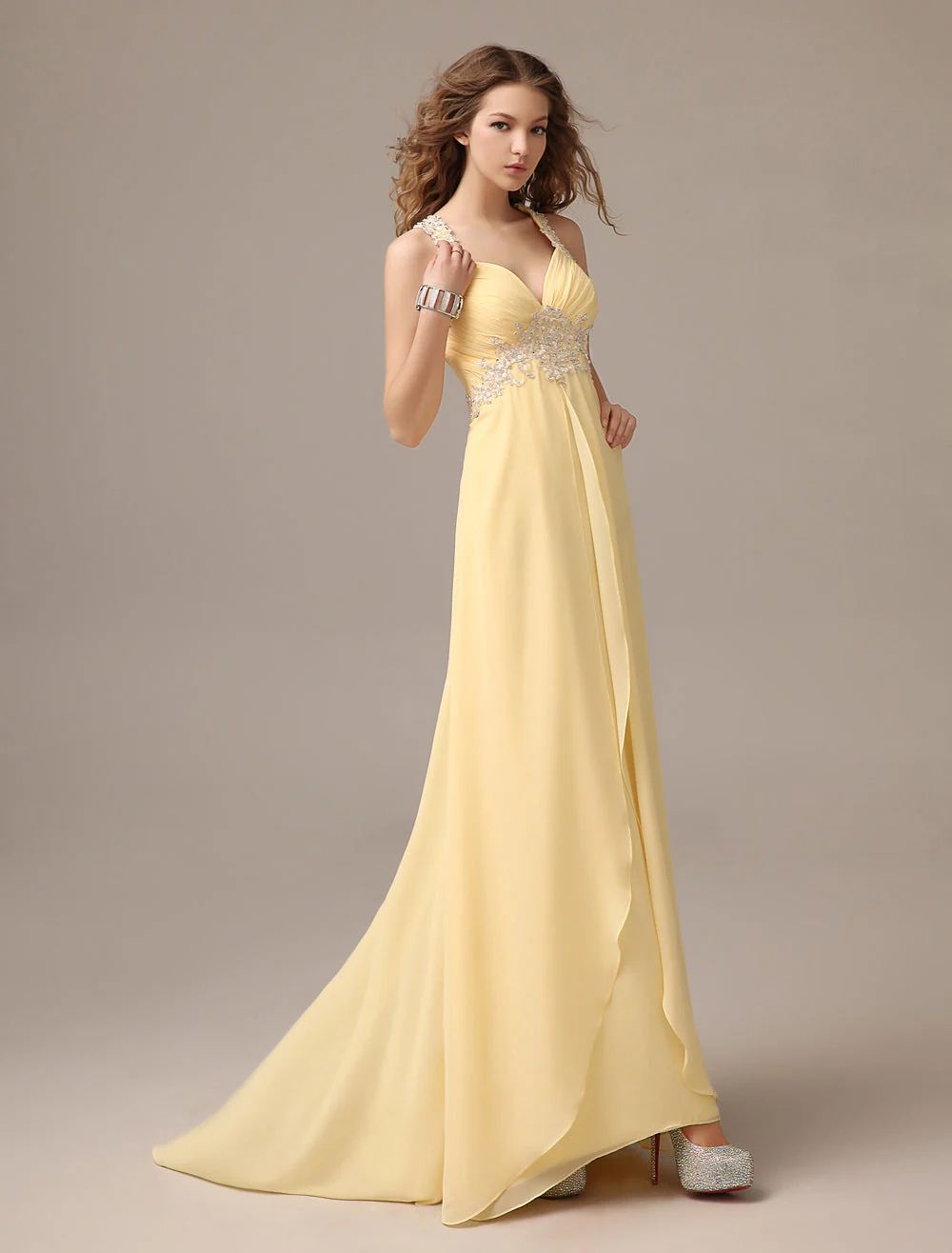 Stunning Evening Dresses Long Chiffon Daffodil Applique Beaded Evening Gown Back Design Sleeveless Formal Party Dresses With Train - Image 5