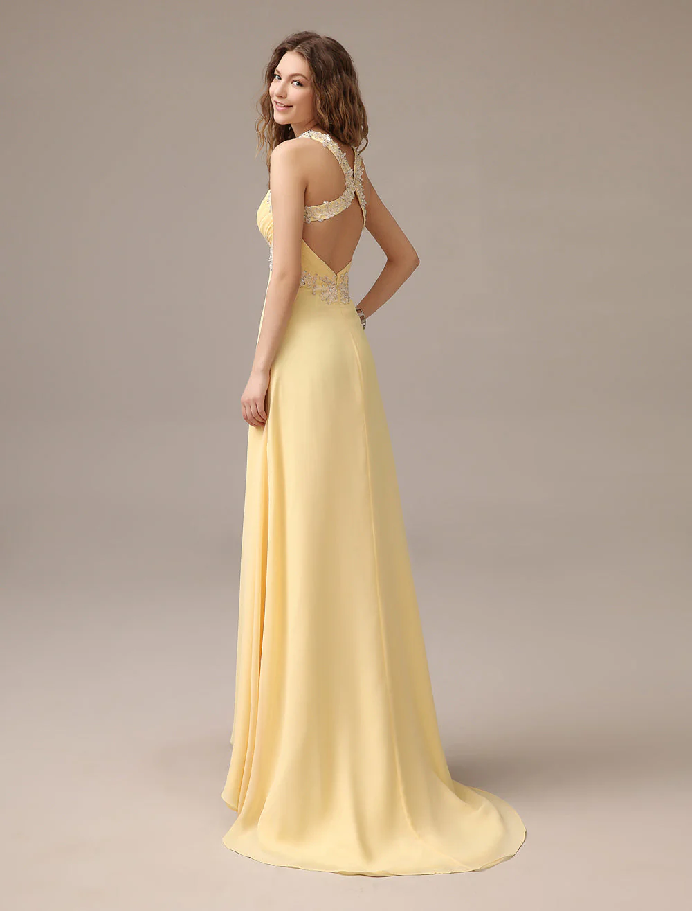 Stunning Evening Dresses Long Chiffon Daffodil Applique Beaded Evening Gown Back Design Sleeveless Formal Party Dresses With Train - Image 6