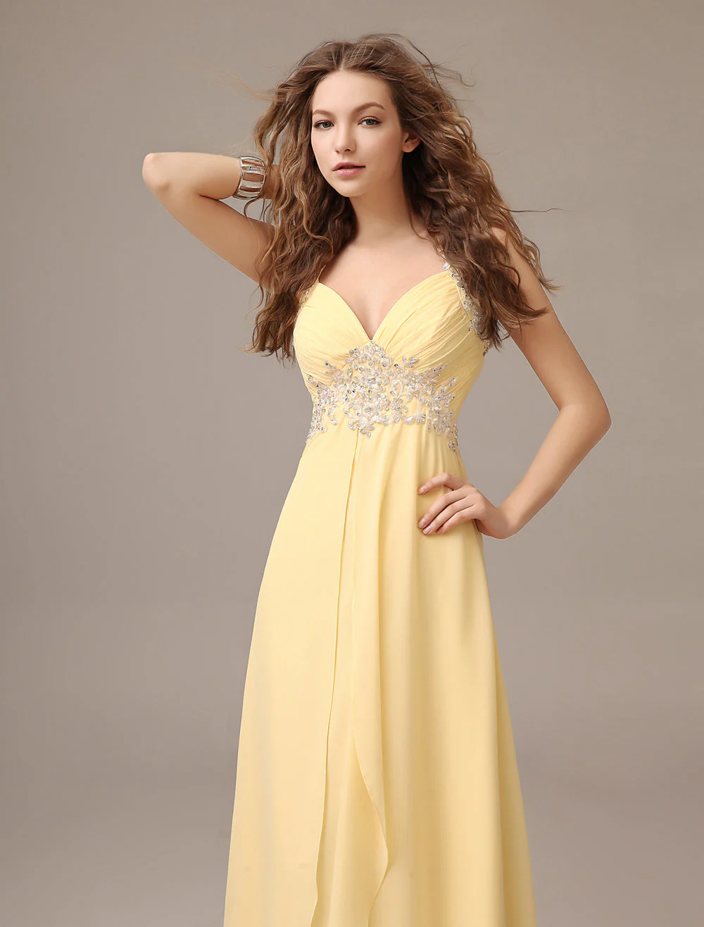 Stunning Evening Dresses Long Chiffon Daffodil Applique Beaded Evening Gown Back Design Sleeveless Formal Party Dresses With Train - Image 7