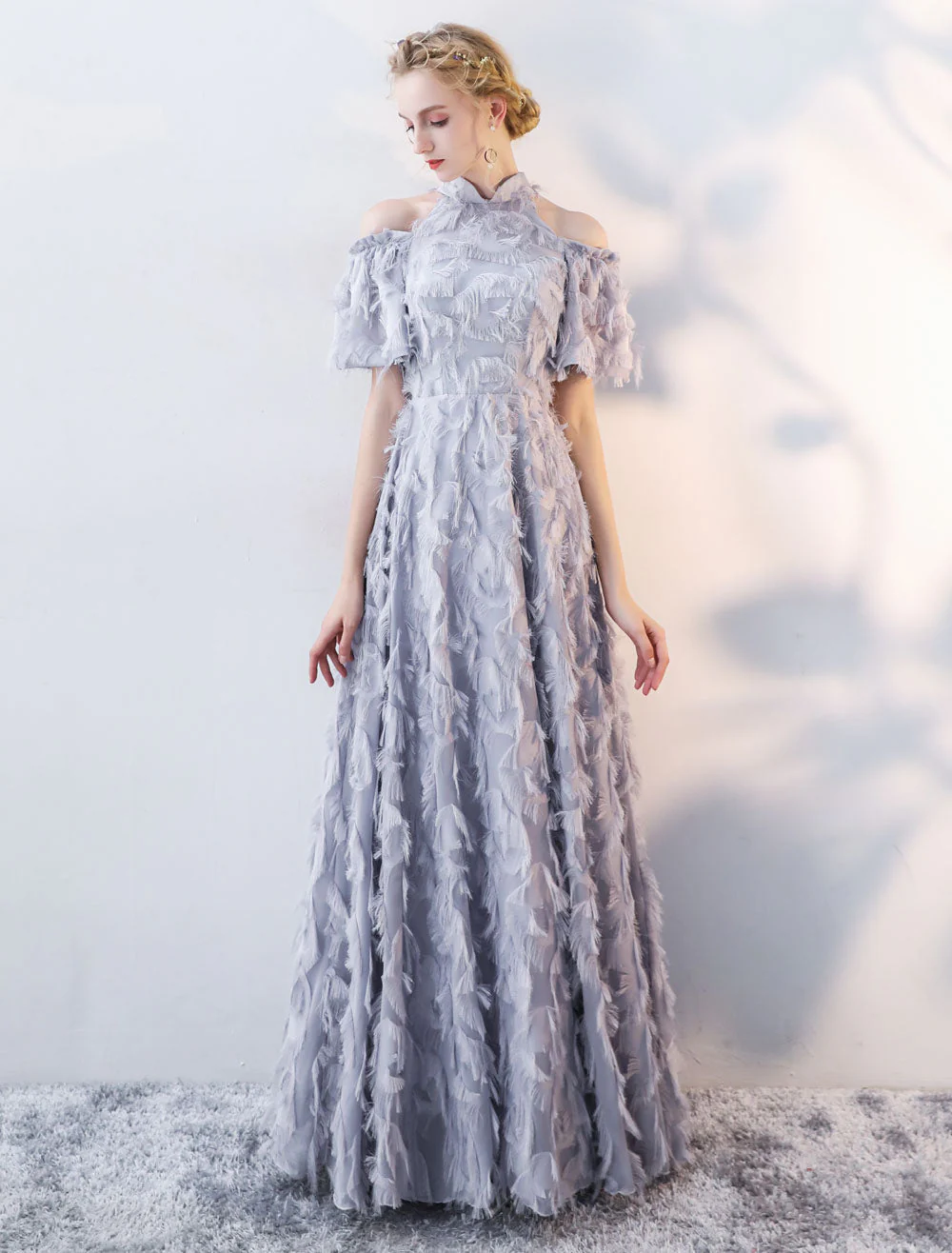 Stunning Evening Dresses Long Light Grey Cold Shoulder Evening Dress Lace Stand Collar Floor Length Formal Dress - Image 2