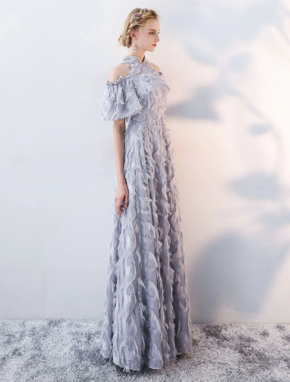 Stunning Evening Dresses Long Light Grey Cold Shoulder Evening Dress Lace Stand Collar Floor Length Formal Dress - Image 3